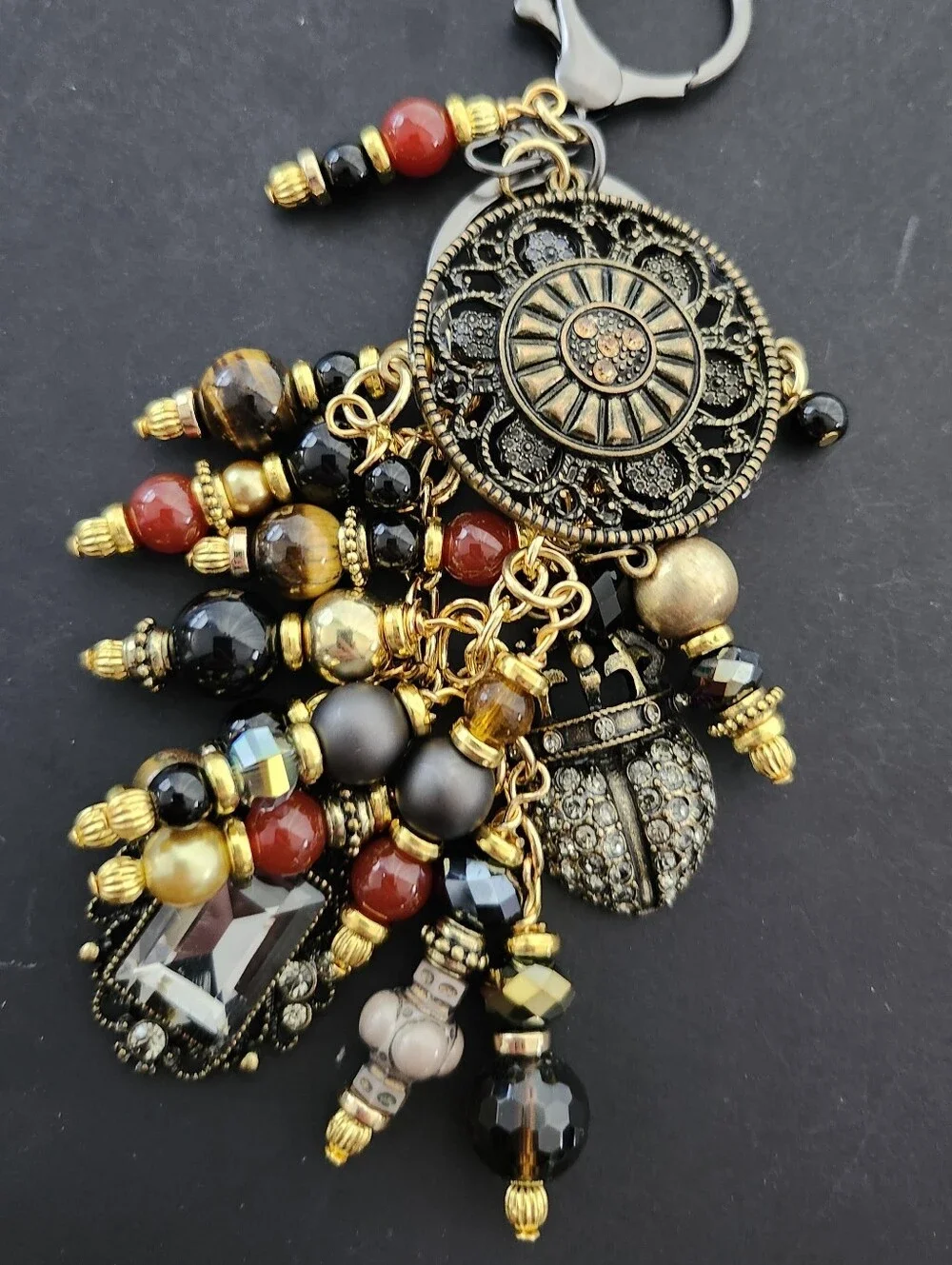 Upcycled Gothic Medallion Purse Charm Carnelian Tigers Eye Handcrafted